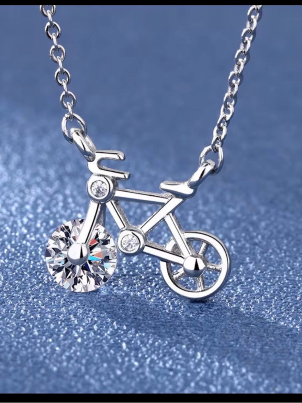 Korean designer Silver Bicycle Pendant Necklace with Clear Crystal Wheel